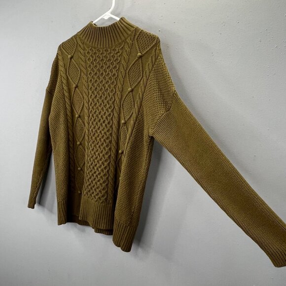 J Crew Cable Knit Fisherman Sweater S Oversized Olive Green Mock Neck Anglercore - Picture 2 of 7
